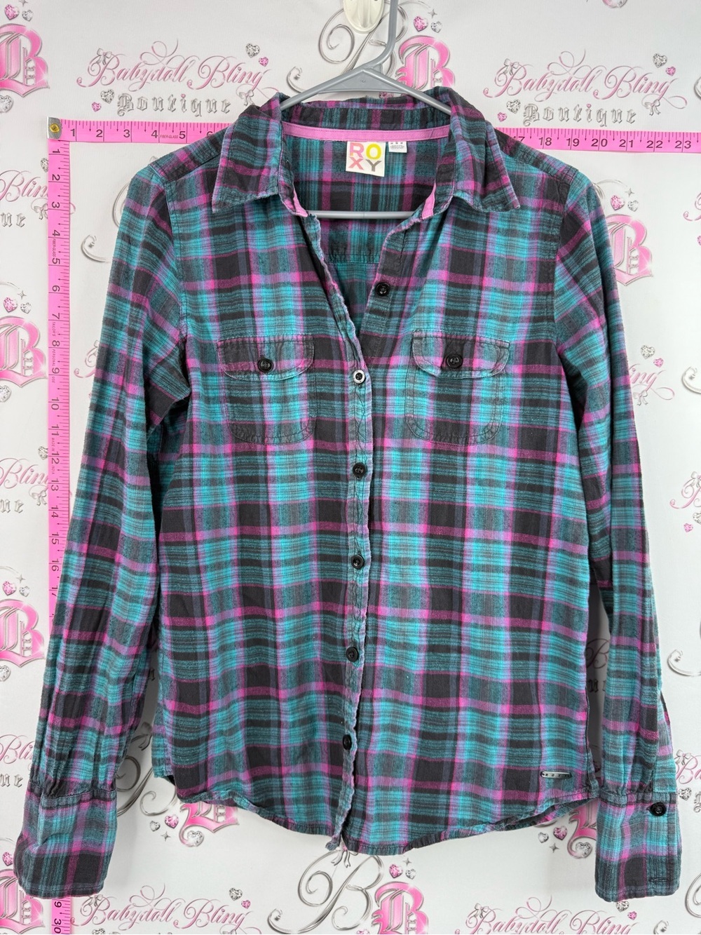 Roxy long sleeve Y2k top shirt Teal, Purple & Black Plaid Button-Up Shirt